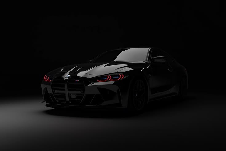 BMW M4 G82 Competition w studiu — całe auto pod kątem, czerwony obrys nerek i reflektorów